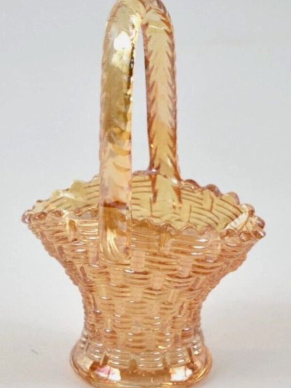 VINTAGE Marigold Small Carnival Glass Weave Handled Basket